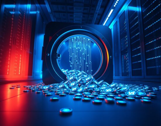 Digital vault door ajar with blue MAPO tokens spilling onto a server room floor, representing a token minting security incident.