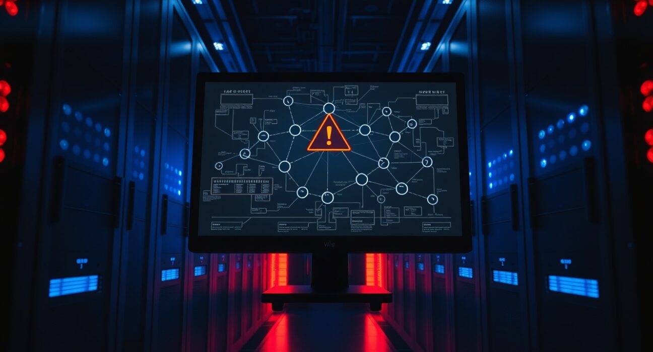 A server room monitor displaying a blockchain network with a warning symbol, representing a cryptocurrency exploit.