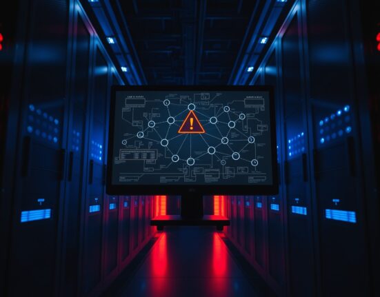 A server room monitor displaying a blockchain network with a warning symbol, representing a cryptocurrency exploit.