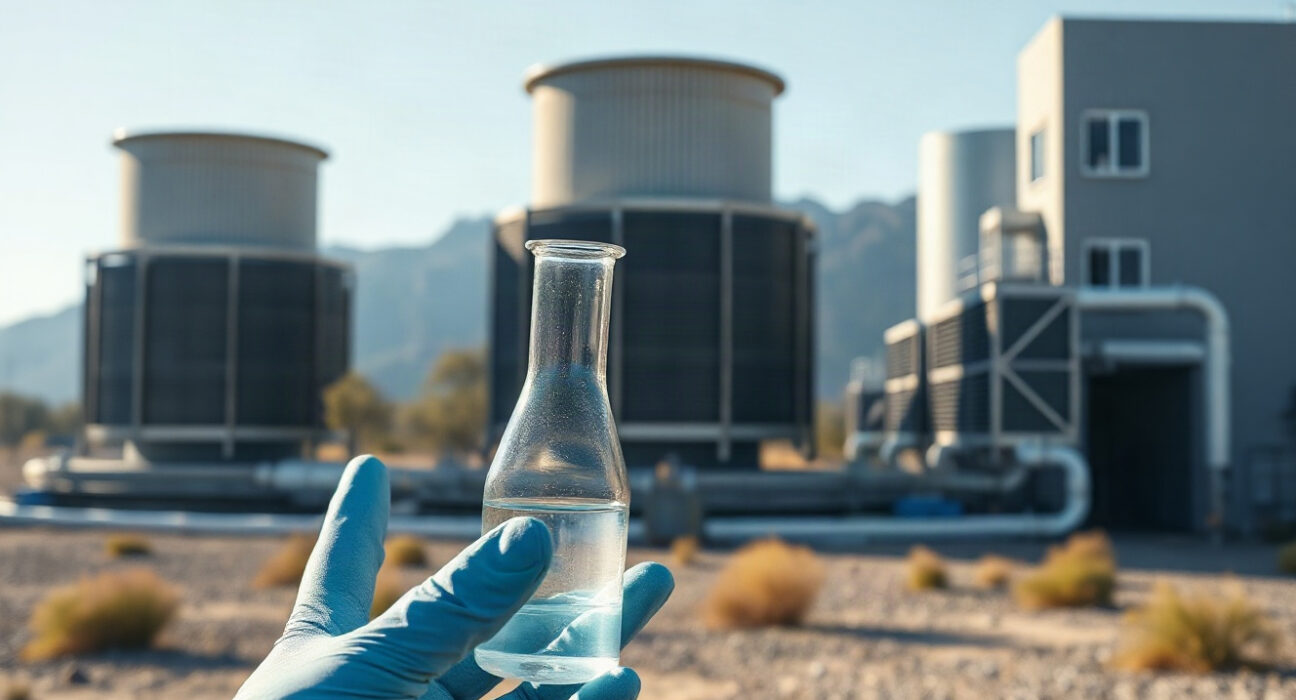 Data center cooling towers with a water sample in the foreground, illustrating water reuse.