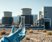 Data center cooling towers with a water sample in the foreground, illustrating water reuse.