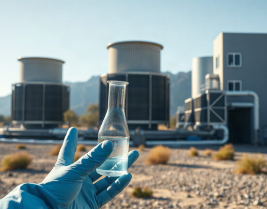 Data center cooling towers with a water sample in the foreground, illustrating water reuse.