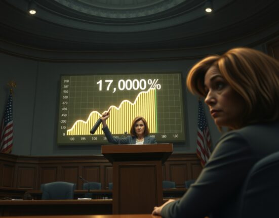 Pelosi insider trading accusation highlighted by Representative Anna Paulina Luna in a congressional setting with a stock chart in the background.