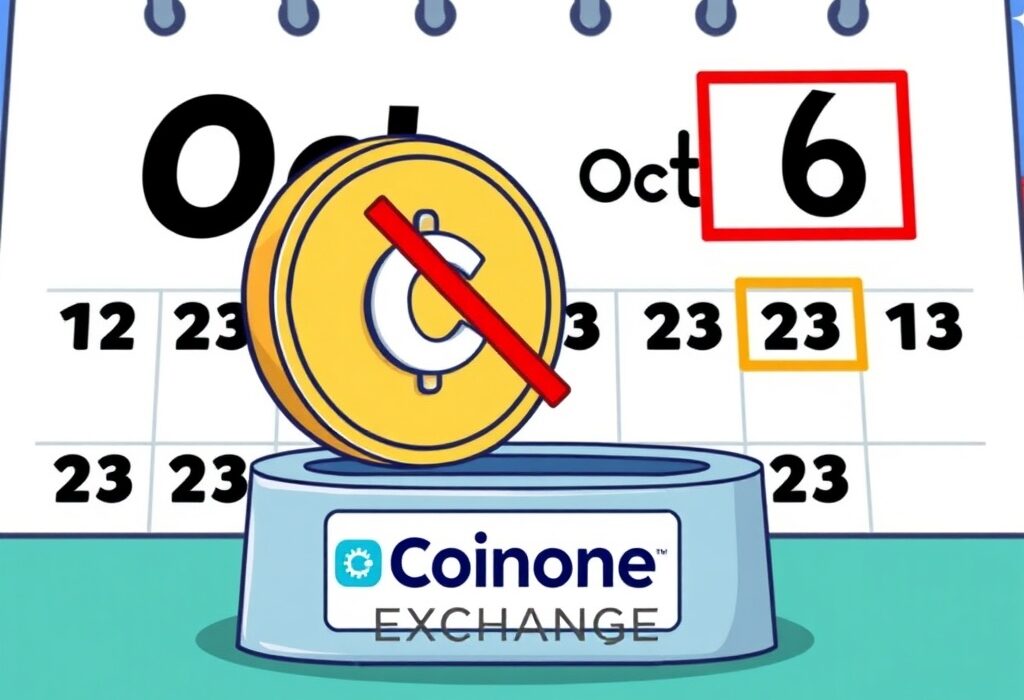 A cartoon image illustrating the urgent Pencil Protocol delisting by Coinone, with a crossed-out DAPP coin falling from an exchange platform.