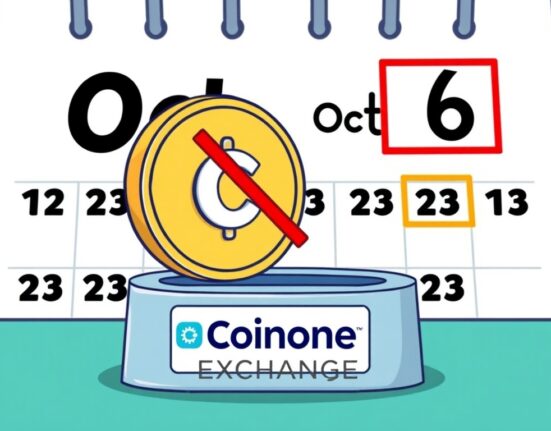 A cartoon image illustrating the urgent Pencil Protocol delisting by Coinone, with a crossed-out DAPP coin falling from an exchange platform.