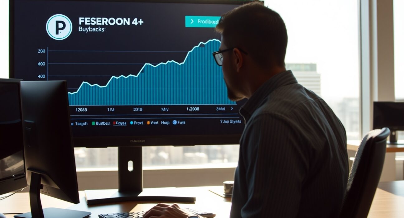 Financial analyst reviewing PENDLE token buyback data on a digital screen in a modern office