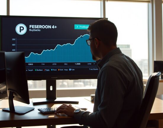 Financial analyst reviewing PENDLE token buyback data on a digital screen in a modern office