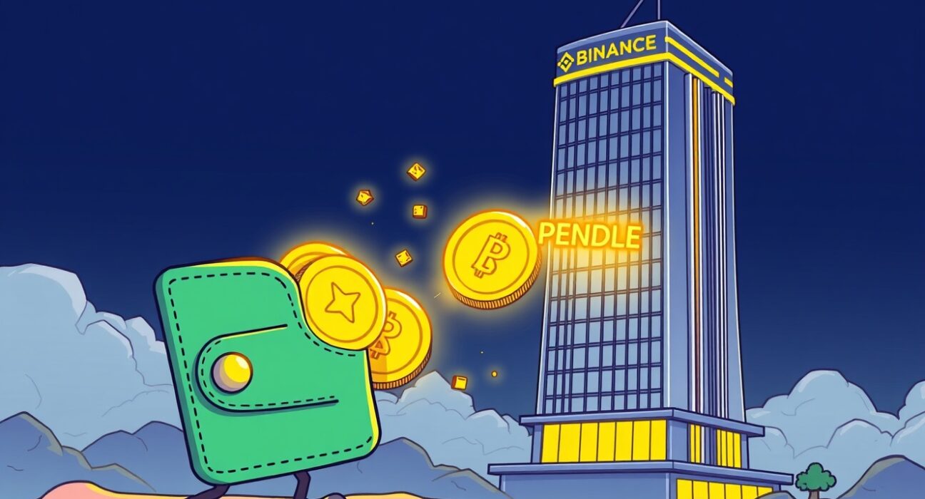 Cartoon illustration of a significant Pendle Binance deposit, showing digital assets moving to an exchange.