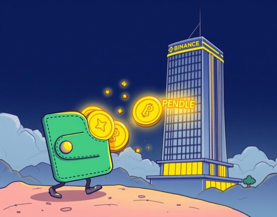 Cartoon illustration of a significant Pendle Binance deposit, showing digital assets moving to an exchange.