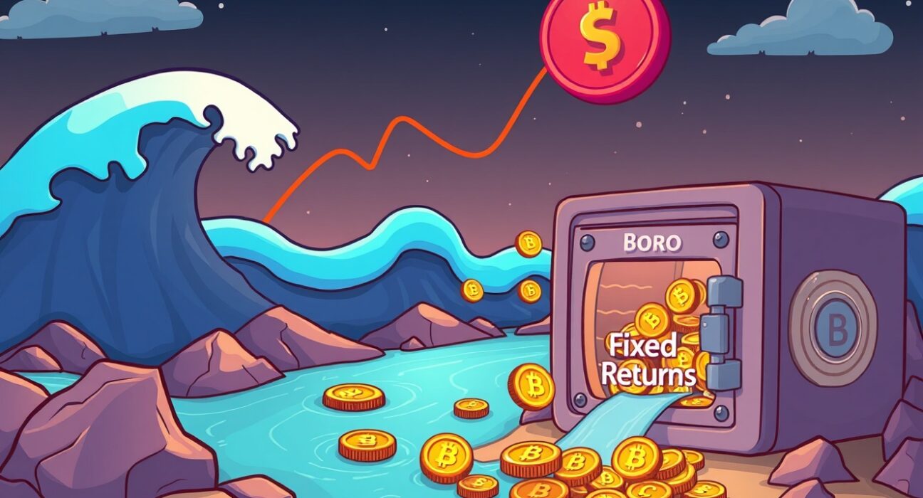 A cartoon illustration showing Pendle Boros converting volatile crypto funding fees into stable, predictable returns for investors.