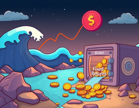 A cartoon illustration showing Pendle Boros converting volatile crypto funding fees into stable, predictable returns for investors.