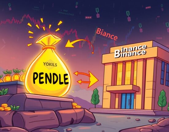 An illustration of PENDLE tokens moving from the Pendle protocol to Binance, highlighting the recent Pendle PENDLE deposit.