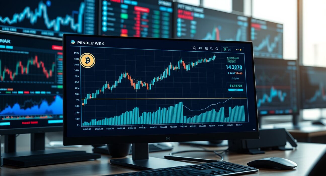 Pendle price chart on a digital dashboard with upward trend lines in a professional trading environment.