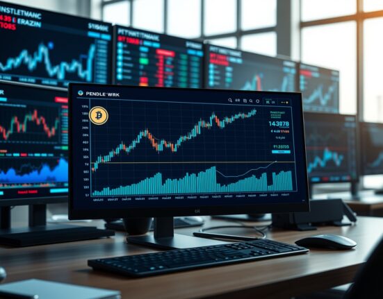 Pendle price chart on a digital dashboard with upward trend lines in a professional trading environment.