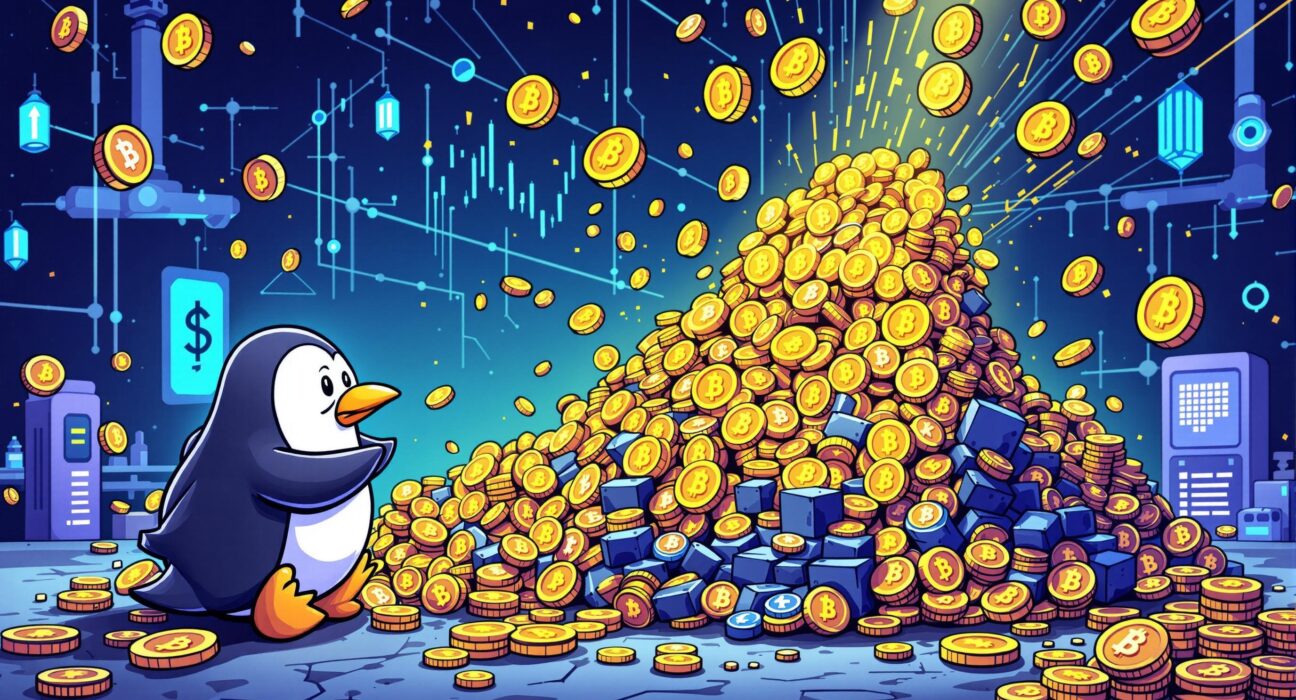 A cartoon penguin looking worried as a large volume of PENGU coin tokens are sold, illustrating significant market sell pressure.