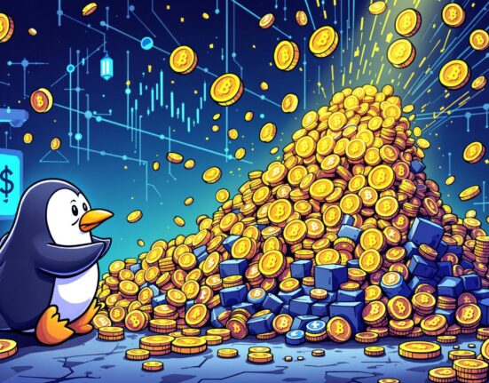 A cartoon penguin looking worried as a large volume of PENGU coin tokens are sold, illustrating significant market sell pressure.