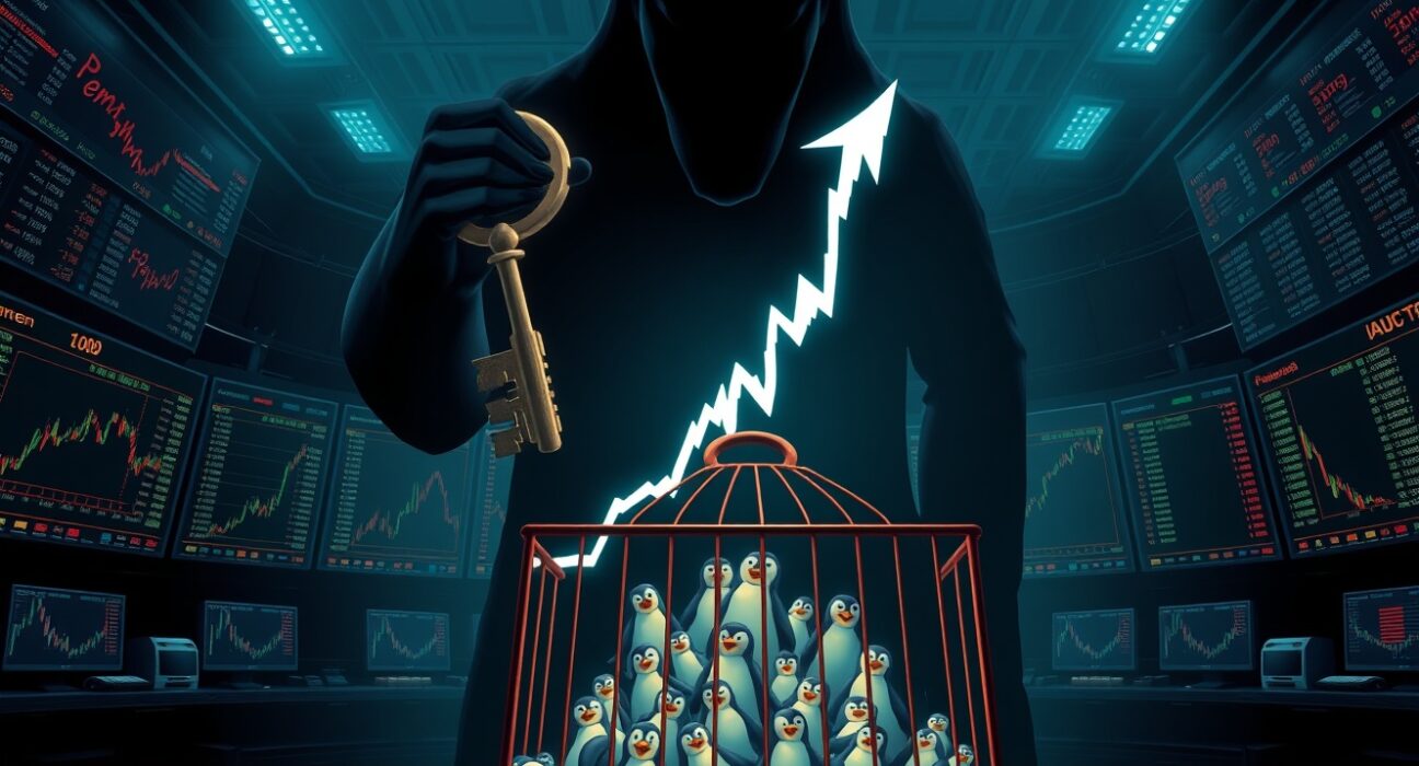 PENGU price rally chart with whale looming over token unlock, illustrating analyst warning of artificial market manipulation.