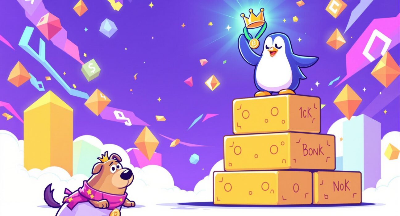 A triumphant PENGU Solana memecoin character celebrating its rise to the top of the Solana memecoin ecosystem, surpassing Bonk.
