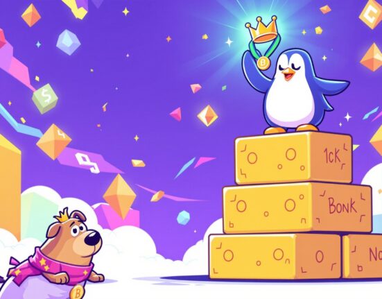 A triumphant PENGU Solana memecoin character celebrating its rise to the top of the Solana memecoin ecosystem, surpassing Bonk.