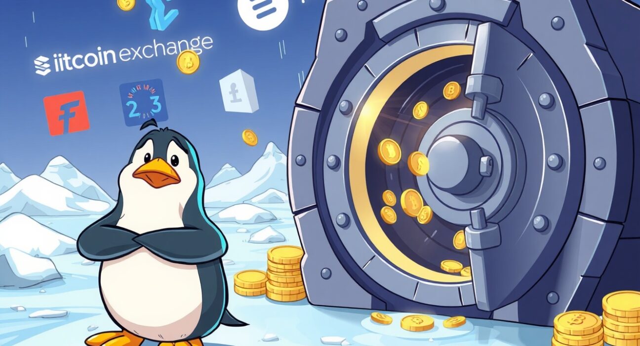 A cartoon penguin watches PENGU tokens flow from a vault to cryptocurrency exchanges, illustrating major token movements.