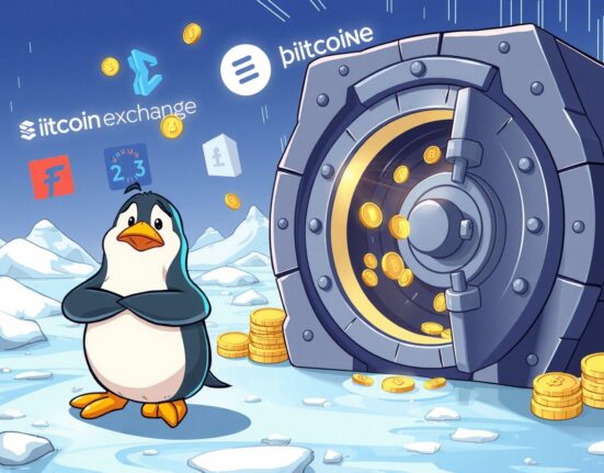 A cartoon penguin watches PENGU tokens flow from a vault to cryptocurrency exchanges, illustrating major token movements.