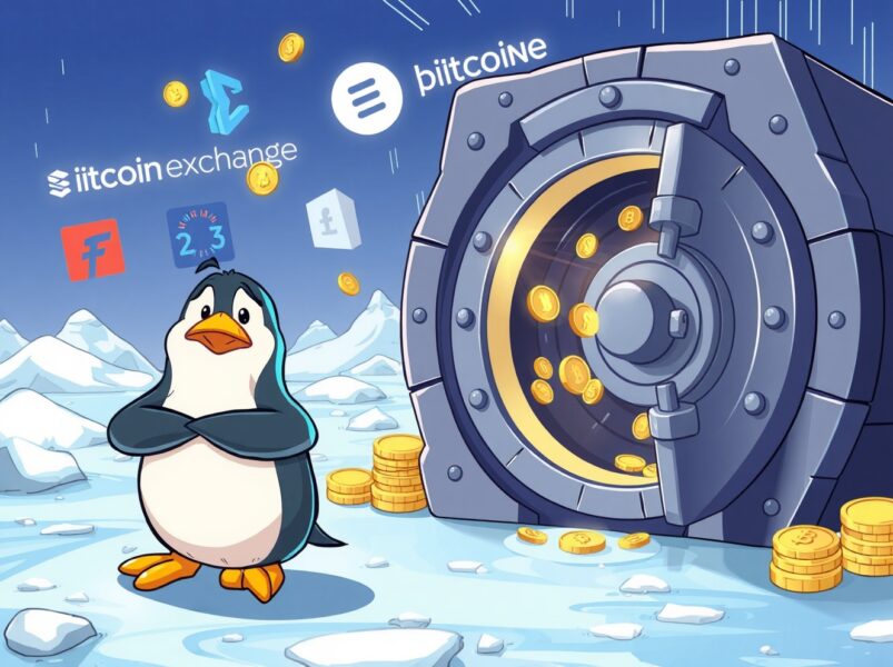 A cartoon penguin watches PENGU tokens flow from a vault to cryptocurrency exchanges, illustrating major token movements.