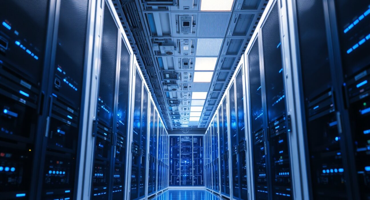 Interior of a modern data center with rows of servers and blue LED lighting, representing AI infrastructure.