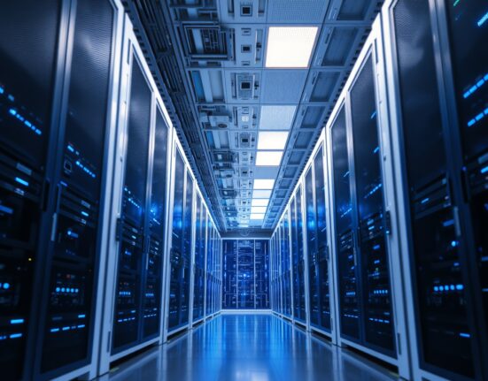 Interior of a modern data center with rows of servers and blue LED lighting, representing AI infrastructure.
