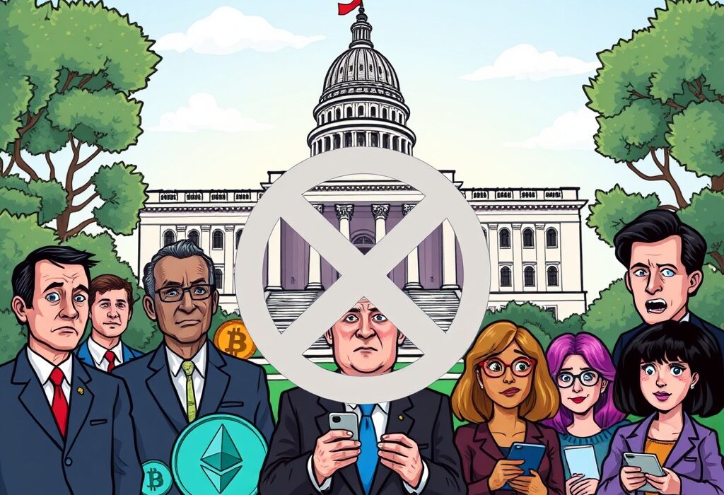 A cartoon image illustrating the proposed Pennsylvania crypto ban, showing public officials reacting to new digital asset restrictions.