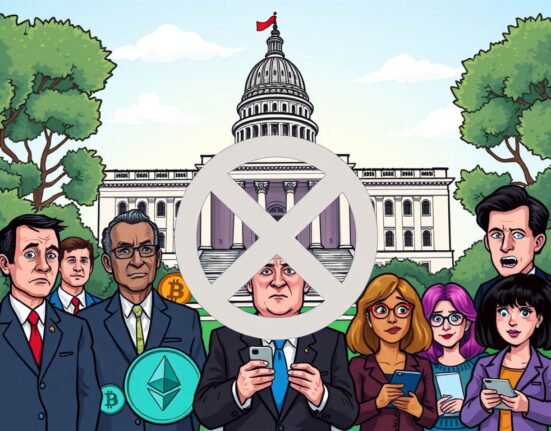 A cartoon image illustrating the proposed Pennsylvania crypto ban, showing public officials reacting to new digital asset restrictions.