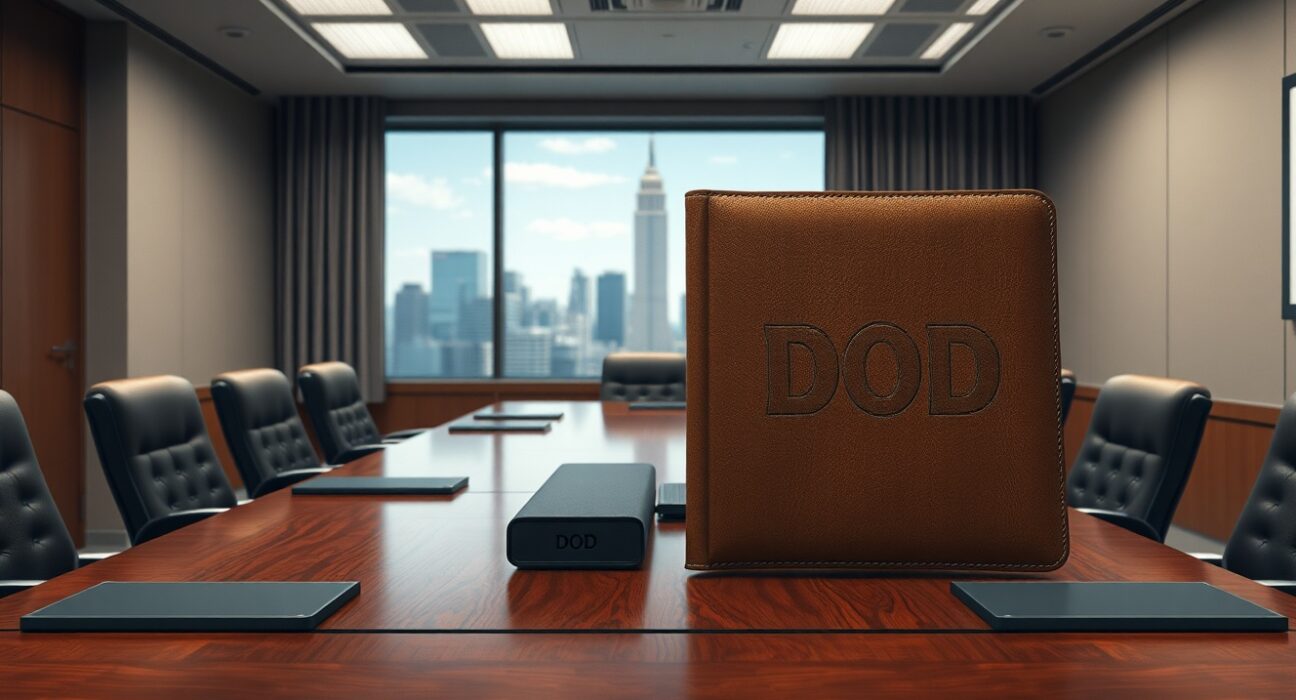 Symbolic clash between AI technology and Department of Defense authority in a government setting.