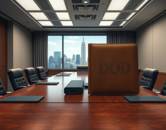 Symbolic clash between AI technology and Department of Defense authority in a government setting.