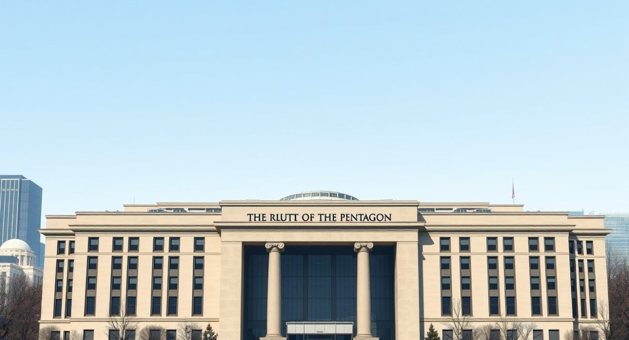The Pentagon building with a digital chain link overlay symbolizing the supply chain risk designation against Anthropic AI.
