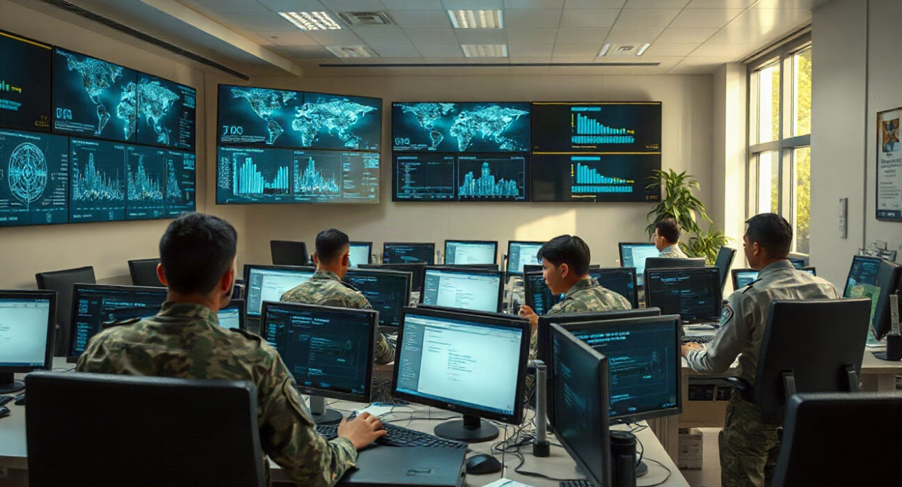 Military and civilian personnel using AI tools in a secure government office