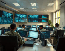 Military and civilian personnel using AI tools in a secure government office