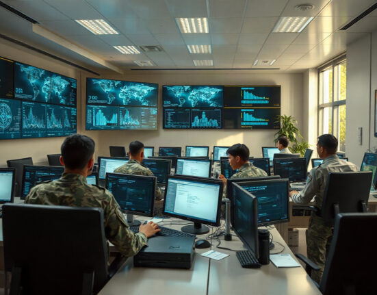 Military and civilian personnel using AI tools in a secure government office