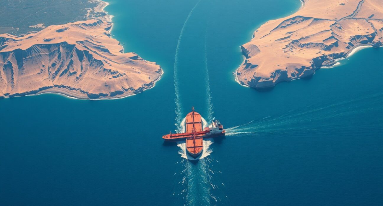 Oil tanker navigating the strategic Strait of Hormuz, a global shipping chokepoint.