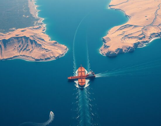 Oil tanker navigating the strategic Strait of Hormuz, a global shipping chokepoint.