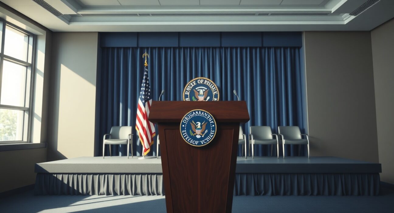 The Pentagon briefing room prepared for a press conference on Iran military operations.
