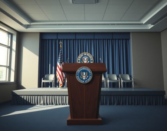 The Pentagon briefing room prepared for a press conference on Iran military operations.