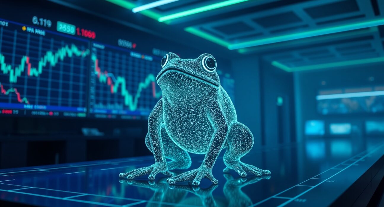 PEPE token frog figure on a cryptocurrency exchange platform with charts, representing large exchange outflow.