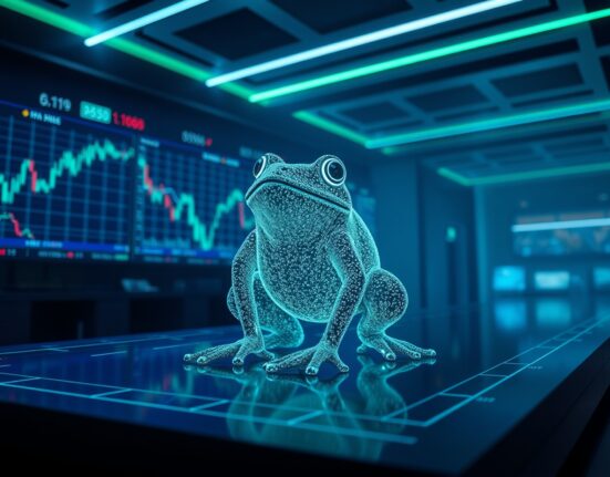 PEPE token frog figure on a cryptocurrency exchange platform with charts, representing large exchange outflow.