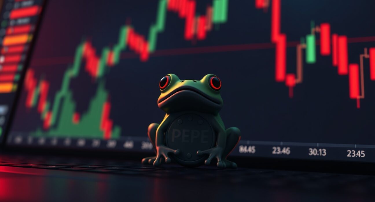 A frog-themed Pepe token on a red, downward-trending financial chart in a dim trading room.