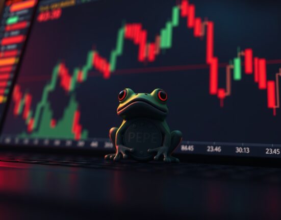 A frog-themed Pepe token on a red, downward-trending financial chart in a dim trading room.