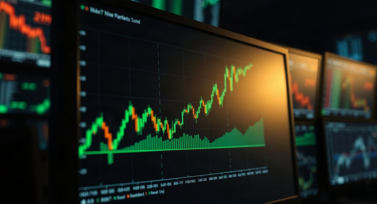 PEPE price chart on trading monitor with rising trend line and frog silhouette