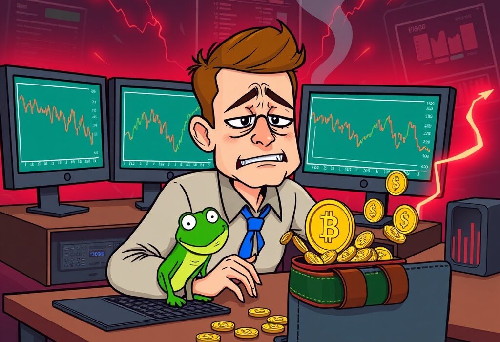 Cartoon illustration depicting the devastating impact of PEPE trading losses on a crypto trader, highlighting market volatility.