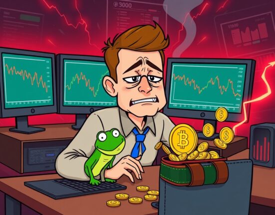 Cartoon illustration depicting the devastating impact of PEPE trading losses on a crypto trader, highlighting market volatility.