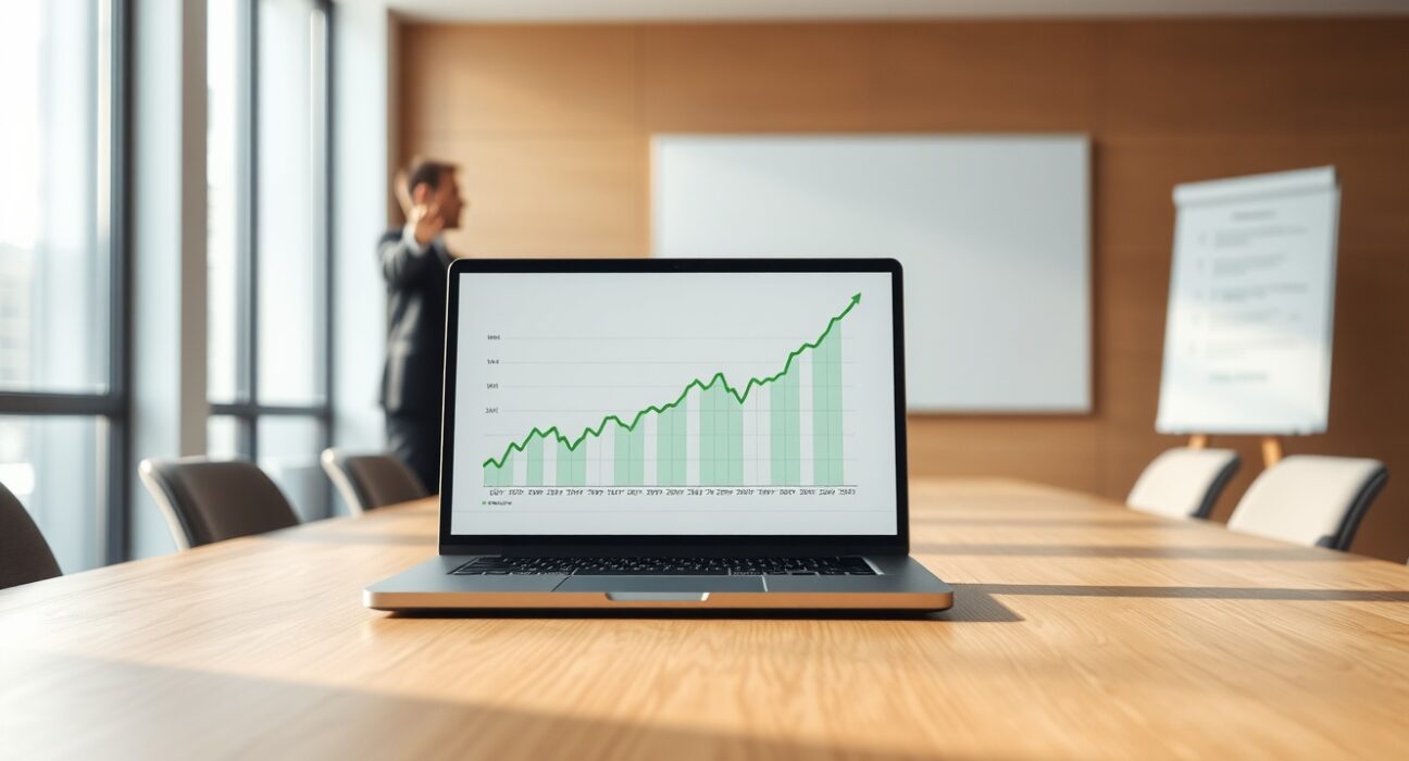Business analysis laptop with financial charts in a modern office boardroom