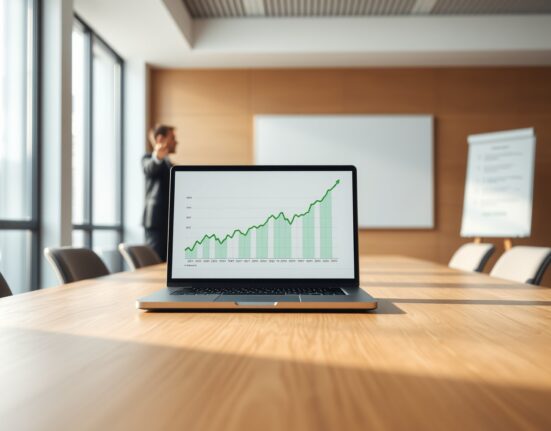 Business analysis laptop with financial charts in a modern office boardroom