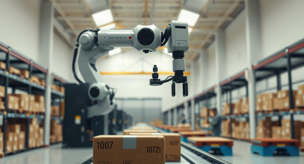 Industrial robot arm with vision sensors sorting boxes in a bright warehouse